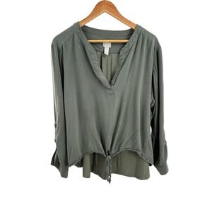 Chico's 4 XXL‎ Olive Green Tie Front High Low Tunic Top Long Sleeve
